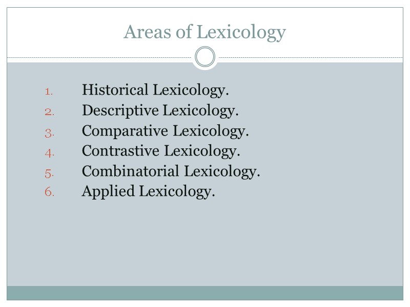 Areas of Lexicology   Historical Lexicology.   Descriptive Lexicology.   Comparative